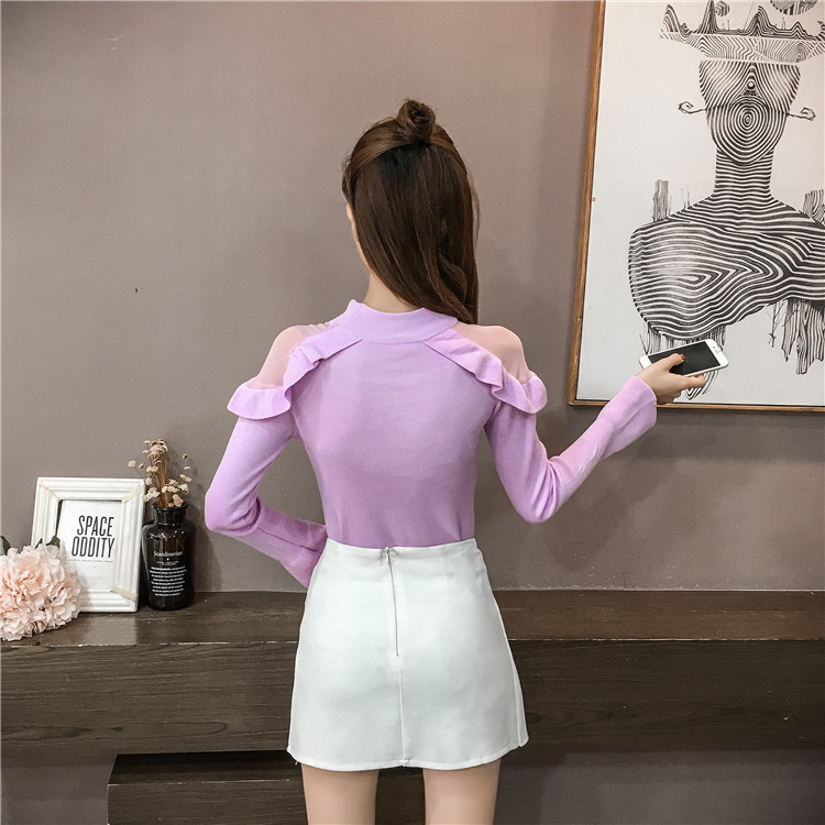 Μοντέρνο γυναικείο πουλόβερ με κολάρο και τούλι  σε μαύρο, πράσινο και ροζ χρώμα