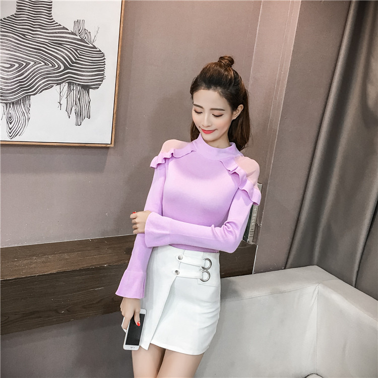 Μοντέρνο γυναικείο πουλόβερ με κολάρο και τούλι  σε μαύρο, πράσινο και ροζ χρώμα