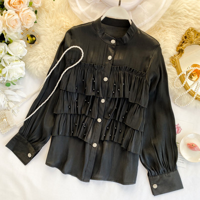 Cămașă modernă de damă cu nasturi și perle în trei culori