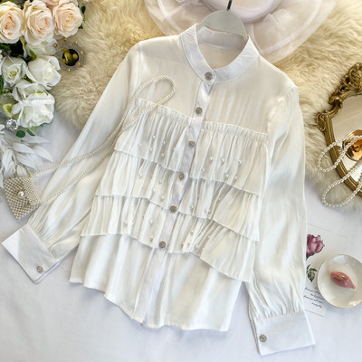 Cămașă modernă de damă cu nasturi și perle în trei culori