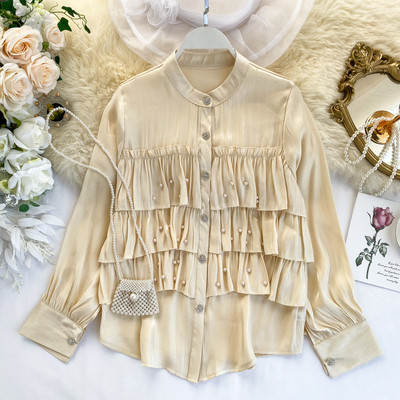 Cămașă modernă de damă cu nasturi și perle în trei culori