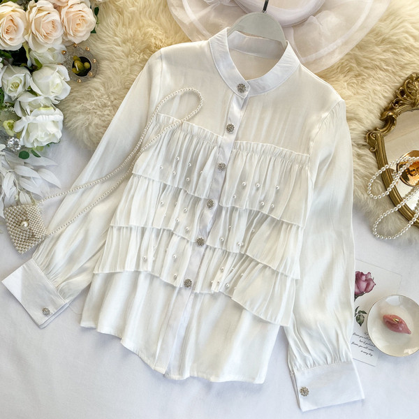 Cămașă modernă de damă cu nasturi și perle în trei culori