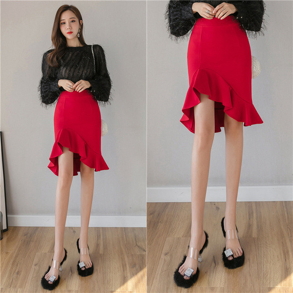 Fusta de dama asimetrica model nou in negru, albastru si rosu