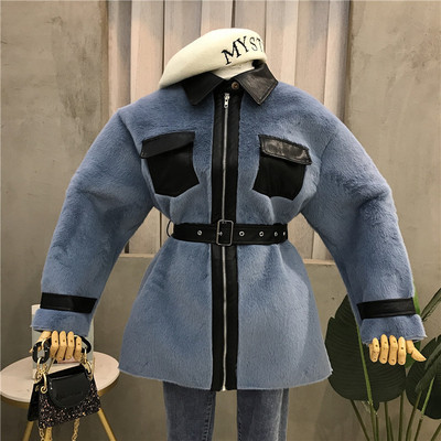 Нов модел пухено дамско палто с колан и цип в няколко цвята