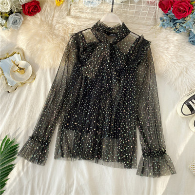 Camasa moderna de dama cu panglica si efect stralucitor in mai multe culori