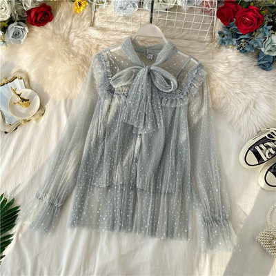 Camasa moderna de dama cu panglica si efect stralucitor in mai multe culori