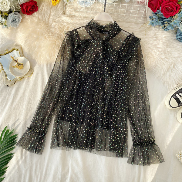 Camasa moderna de dama cu panglica si efect stralucitor in mai multe culori