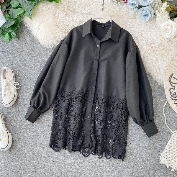 Modern női ing klasszikus gallérral és csipkével fehér és fekete színben