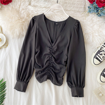 Cămașă modernă de damă cu decolteu spitz și mâneci lungi în diferite culori