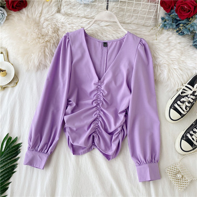 Cămașă modernă de damă cu decolteu spitz și mâneci lungi în diferite culori