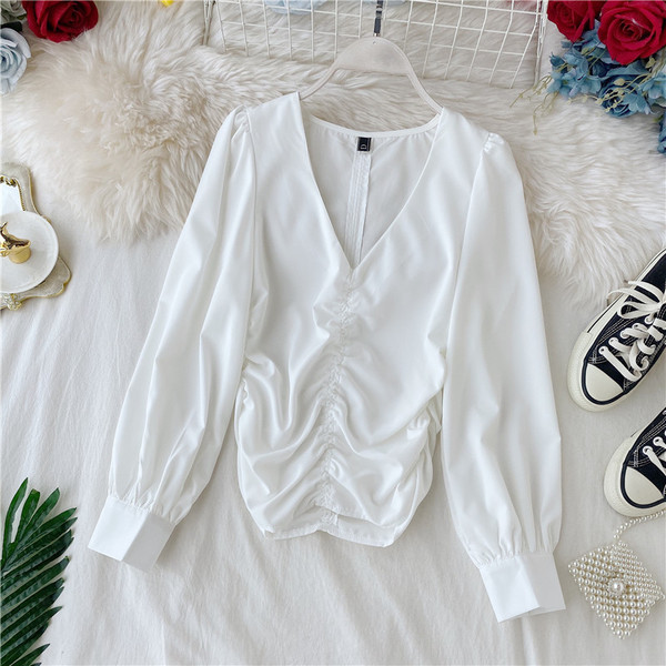 Cămașă modernă de damă cu decolteu spitz și mâneci lungi în diferite culori