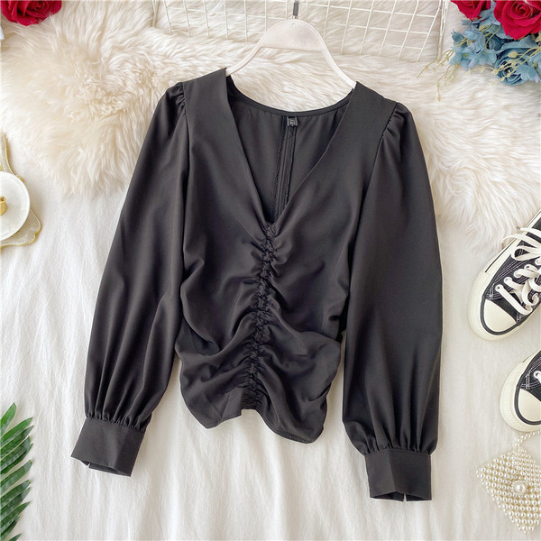 Cămașă modernă de damă cu decolteu spitz și mâneci lungi în diferite culori