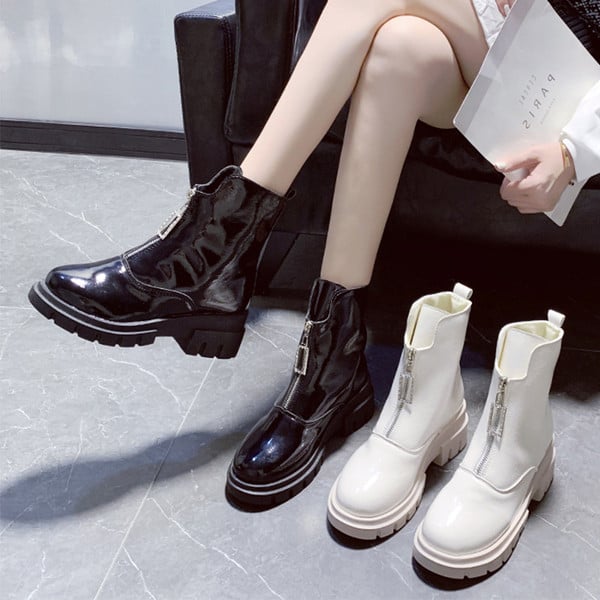 Καθημερινές γυναικείες έκο δερμάτινες μπότες με φερμουάρ σε λευκό και μαύρο χρώμα