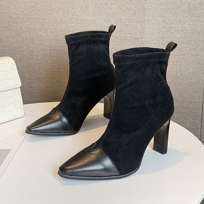 Μοντέρνες γυναικείες μπότες σουέτ μυτερό σχέδια σε μαύρο και κόκκινο χρώμα