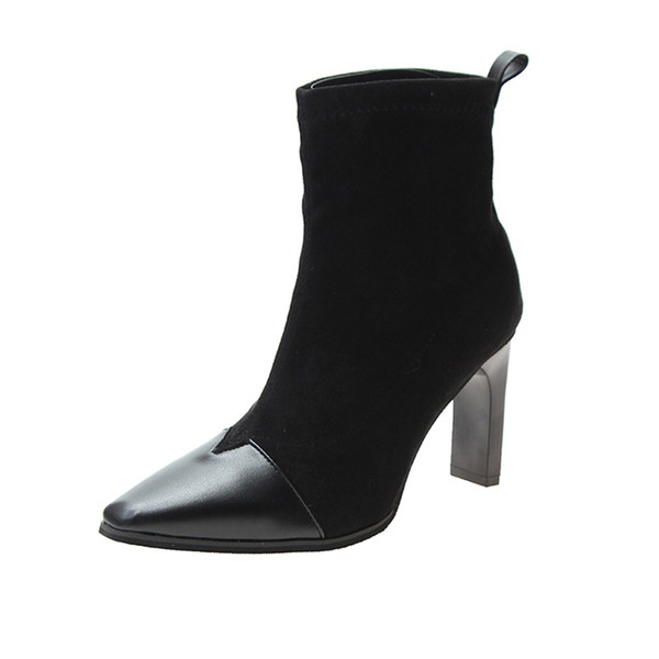 Μοντέρνες γυναικείες μπότες σουέτ μυτερό σχέδια σε μαύρο και κόκκινο χρώμα