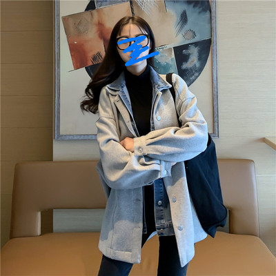 Jachetă lată de primăvară-toamnă în alb și negru cu guler din denim