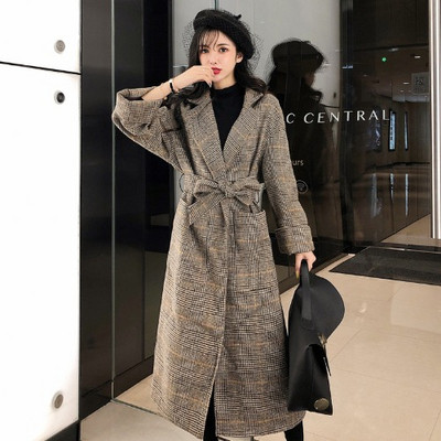 Μακρύ και φαρδύ καρό παλτό με ζώνη