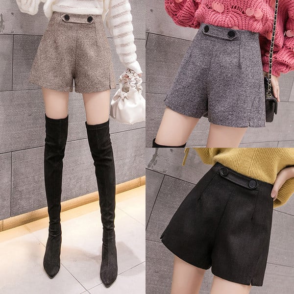 Pantaloni scurți moderni de damă cu talie înaltă și nasturi în negru, gri și maro