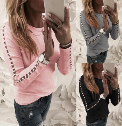 Bluză casual de damă cu perle și decolteu oval în trei culori