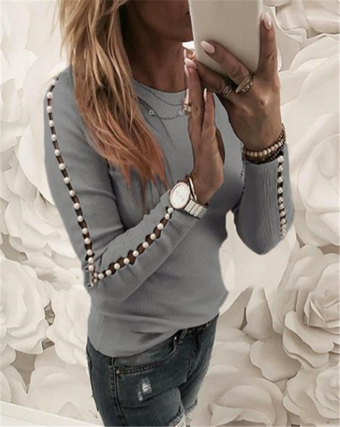 Bluză casual de damă cu perle și decolteu oval în trei culori