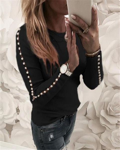 Bluză casual de damă cu perle și decolteu oval în trei culori