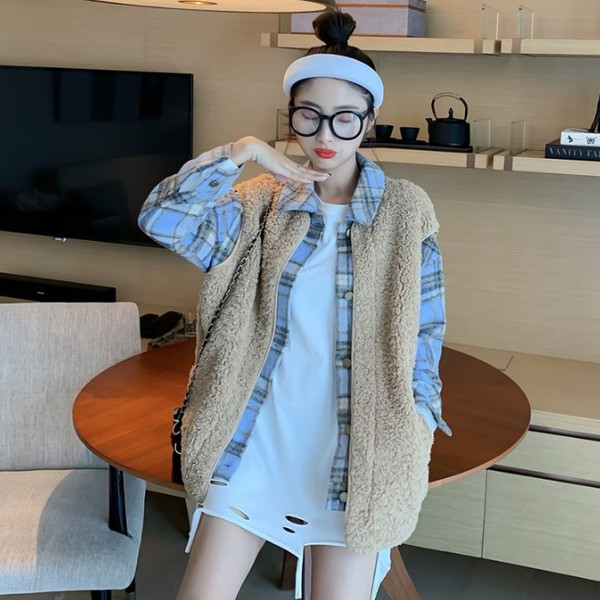 Jachetă în carouri de primăvară-toamnă cu imitație de vestă din puf