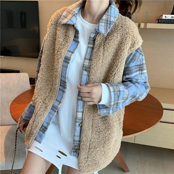 Jachetă în carouri de primăvară-toamnă cu imitație de vestă din puf