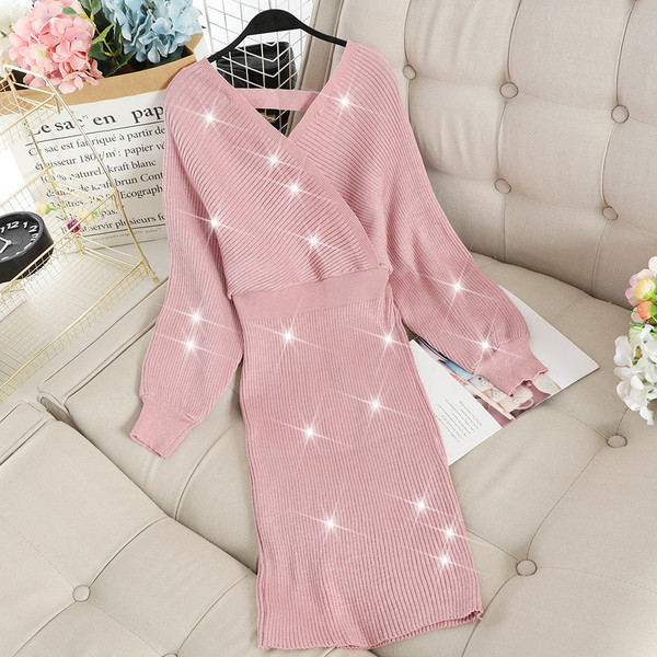 Rochie moderna de dama cu efect stralucitor si decolteu spitz in trei culori