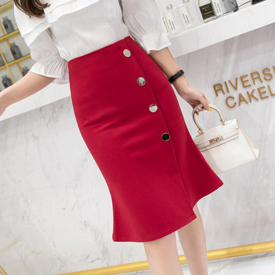 Fusta casual de dama cu nasturi si crapatura in negru, gri si rosu