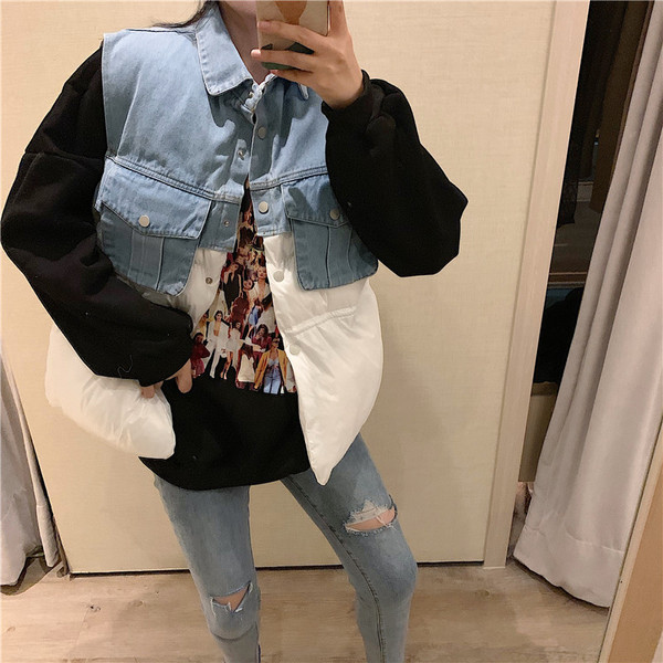 Vesta casual dama cu nasturi si bucati din denim