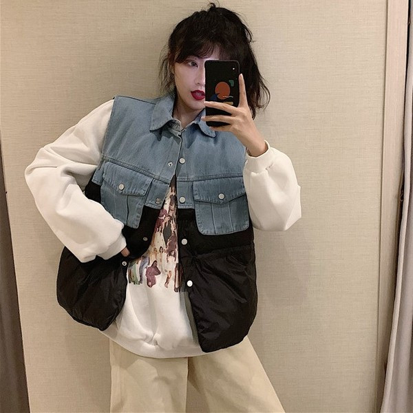 Vesta casual dama cu nasturi si bucati din denim