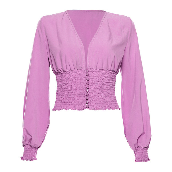 Bluză de damă modernă cu decolteu spitz și nasturi în mov