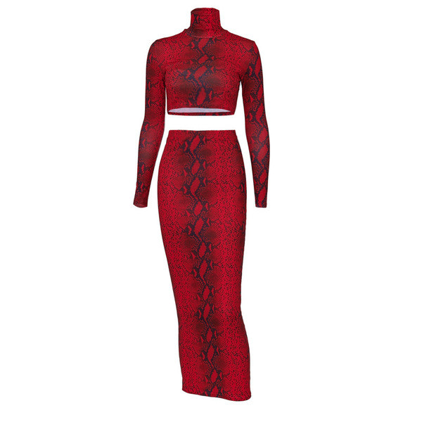 Модерен дамски комплект с змийски десен в червен цвят