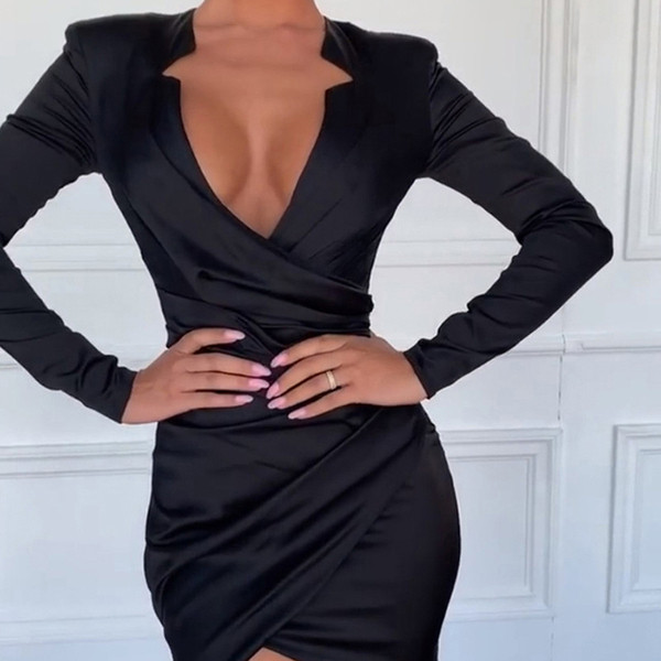 Rochie modernă de damă, model nou, cu decolteu profund în formă de spitz, în negru