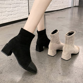 Cizme de damă elegante de piele intoarsa cu toc gros, in negru si bej