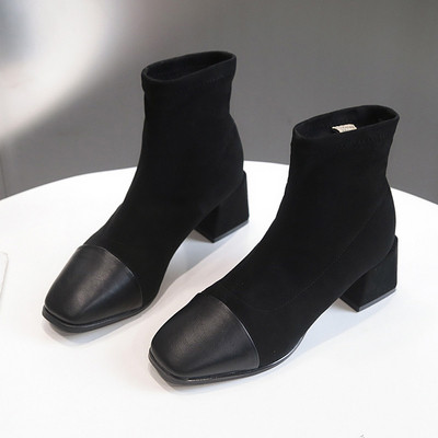 Cizme de damă elegante de piele intoarsa cu toc gros, in negru si bej