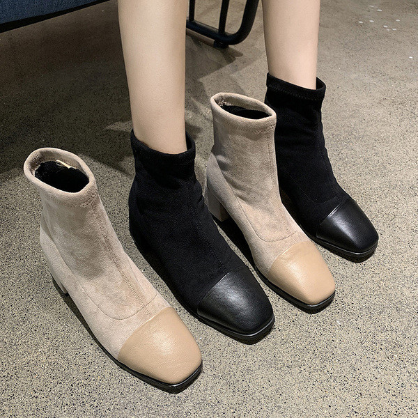 Cizme de damă elegante de piele intoarsa cu toc gros, in negru si bej