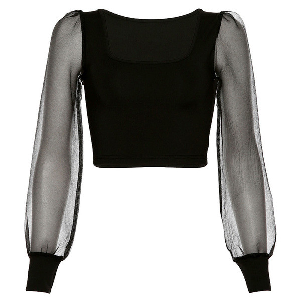 Bluză de damă modernă în alb și negru, cu decolteu pătrat