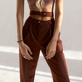 Нов модел модерен дамски панталон с висока талия в кафяв и черен цвят