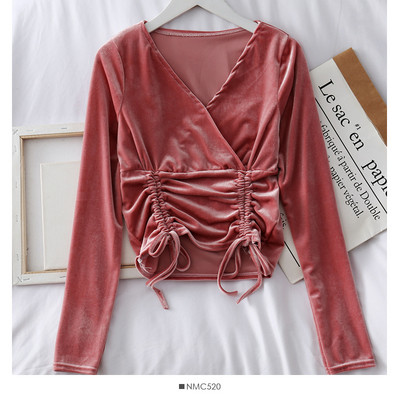 Modern női bársony blúz spitz nyakkivágással és több színben megkötővel
