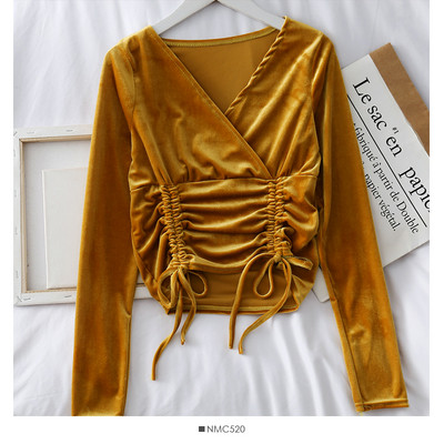 Modern női bársony blúz spitz nyakkivágással és több színben megkötővel