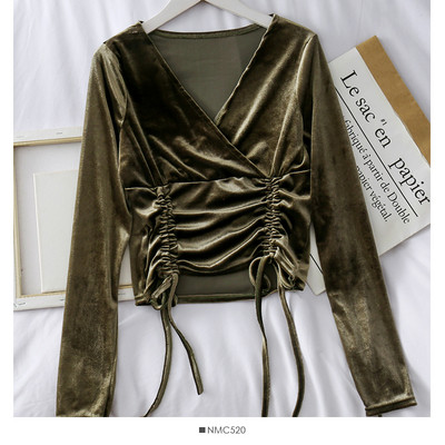 Modern női bársony blúz spitz nyakkivágással és több színben megkötővel