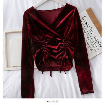 Modern női bársony blúz spitz nyakkivágással és több színben megkötővel