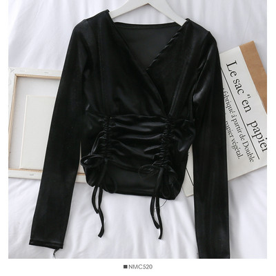 Modern női bársony blúz spitz nyakkivágással és több színben megkötővel