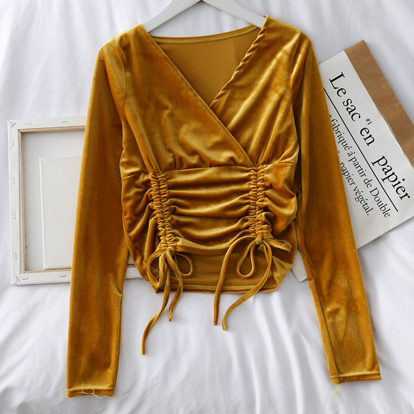 Modern női bársony blúz spitz nyakkivágással és több színben megkötővel