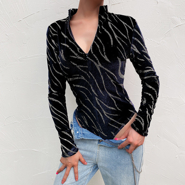 Body de dama modern din catifea cu fermoar de culoare neagra