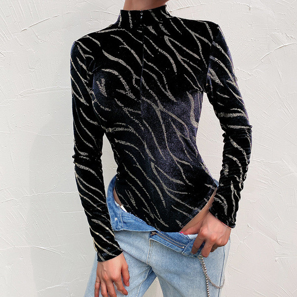 Body de dama modern din catifea cu fermoar de culoare neagra