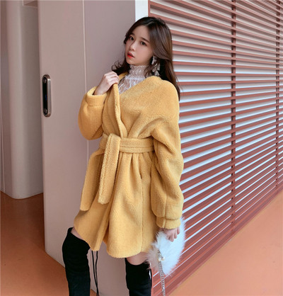 Μακρύ χνουδωτό παλτό με ζώνη σε καφέ και μπεζ χρώμα