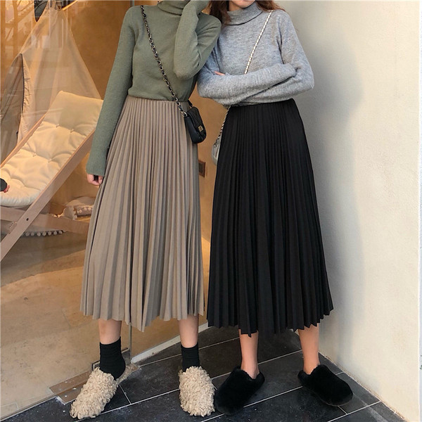 Дълга ежедневна плисирана пола с висока талия в черен и бежов цвят