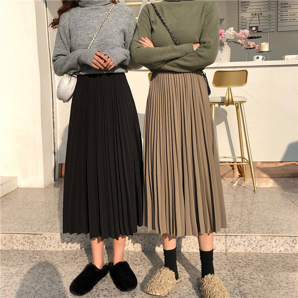 Дълга ежедневна плисирана пола с висока талия в черен и бежов цвят